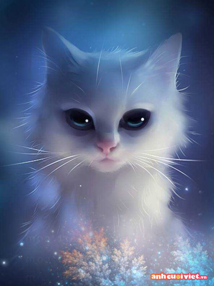 Mèo nhỏ này mang trên mình một bộ lông dài mượt và trắng như tuyết, đôi mắt tròn có ánh xanh khi nhìn vào rất dễ bị hút hồn vào đó. Những đóa hoa lấp lánh dưới chân em tạo ra một bức tranh đẹp huyền ảo nhưng không kém phần đáng yêu đến từ em mèo trắng này.