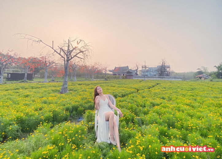Cô dâu đơn quyến rũ bên chiếc ghế giữa vườn hoa tại Thảo nguyên hoa Long Biên
