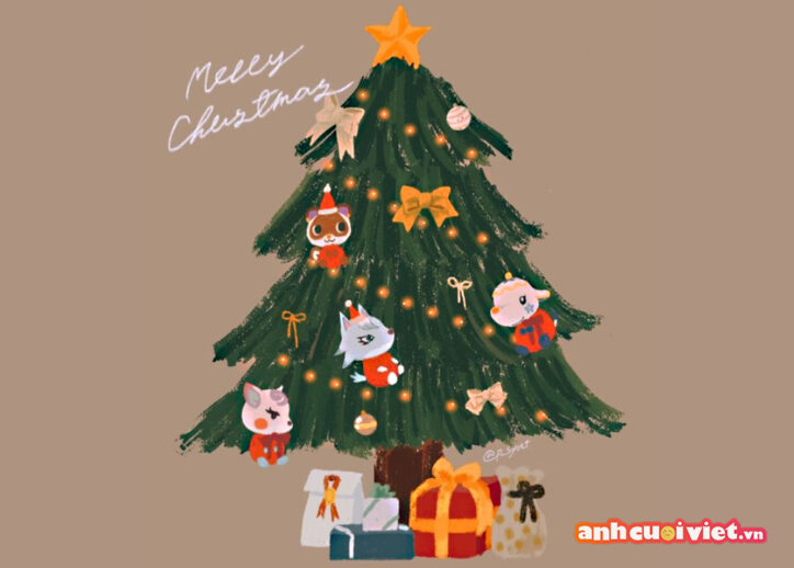 Hình ảnh cây thông noel vẽ siêu đáng yêu cùng chữ Merry Chrismas.
