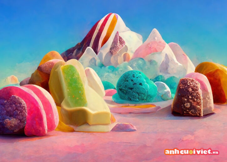 Những ngọn núi được vẽ lên từ những viên kẹo, cái bánh và kem. Để tạo ra một phông nền thế này thật sự rất đáng kinh ngạc.