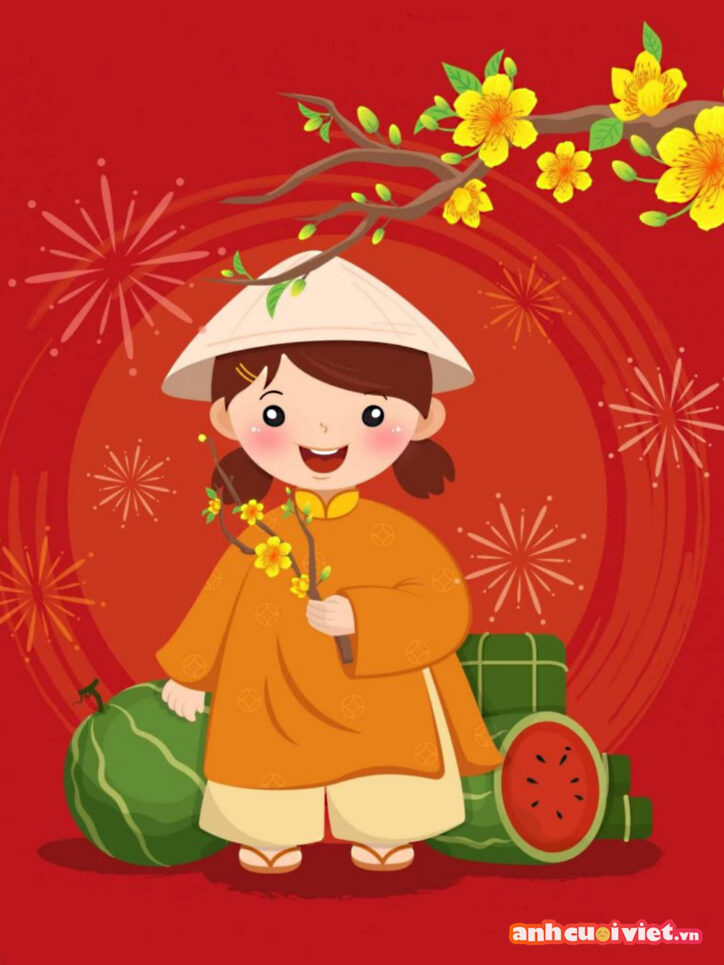 Ảnh nền cô bé mang nhành mai đi chúc tết có bánh trưng, dưa hấu... mang nét đẹp truyền thống của ngày xuân Việt
