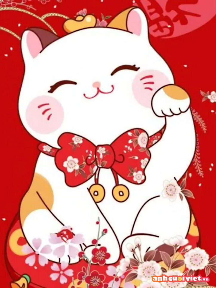 Nền điện thoại mèo thần tài cute, đáng yêu với chiếc nơ đỏ