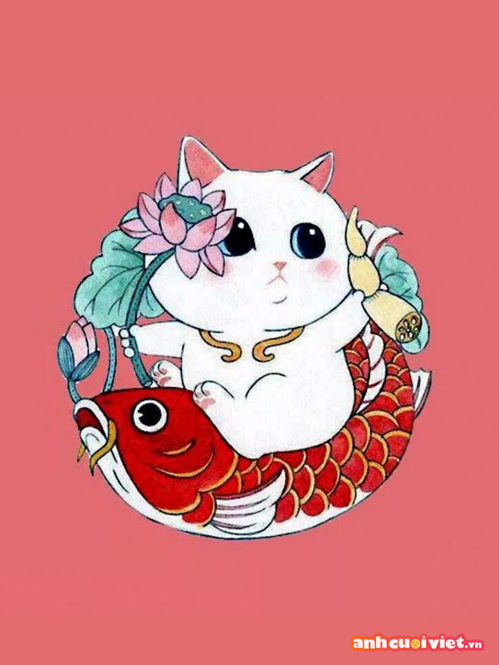 Hình ảnh mèo cưỡi cá chép trên nền hồng vô cùng dễ thương
